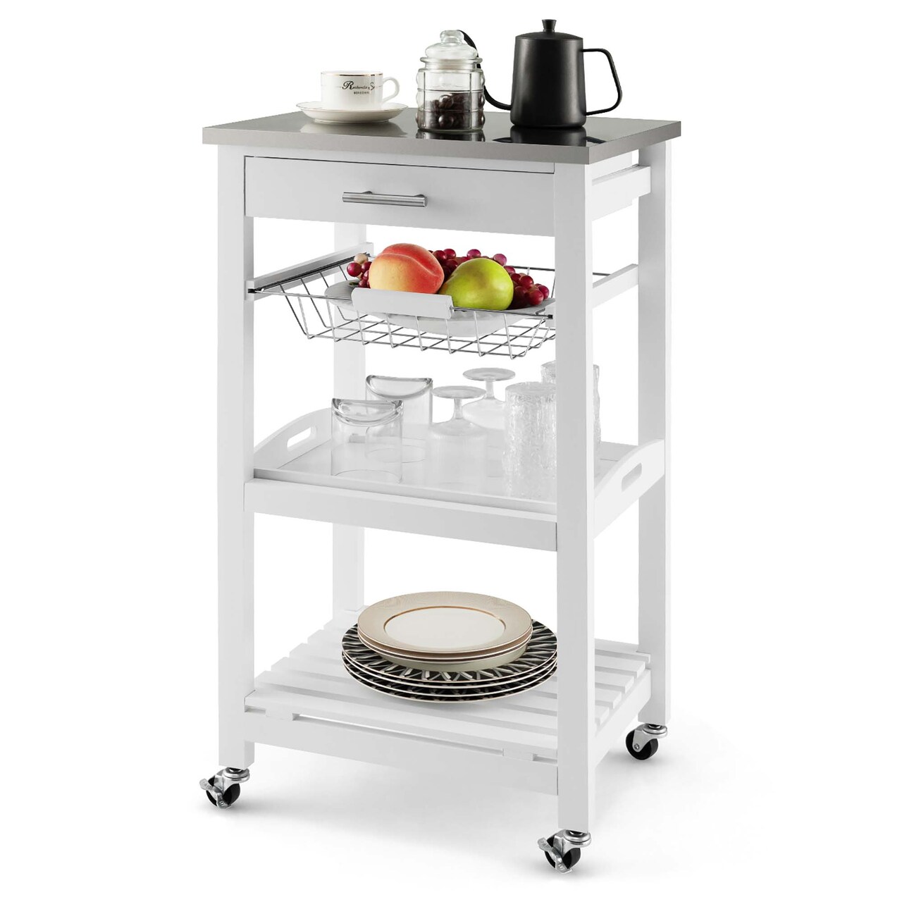 Costway Compact Kitchen Island Cart Rolling Service Trolley with Stainless Steel Top Basket Black/Grey/White